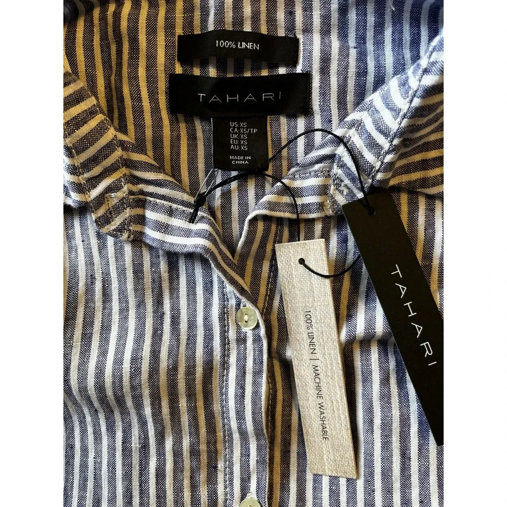 TAHARI 100% Linen Blue White Stripe‎ Collared Short Sleeve Midi Shirt Dress XS - Picture 4 of 6